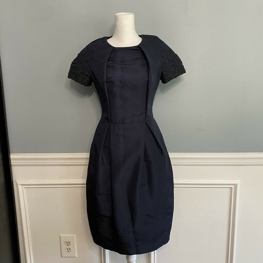 Jason Wu Fit & Flare Dress Navy Blue Embellished Short Sleeve Silk Sheat…